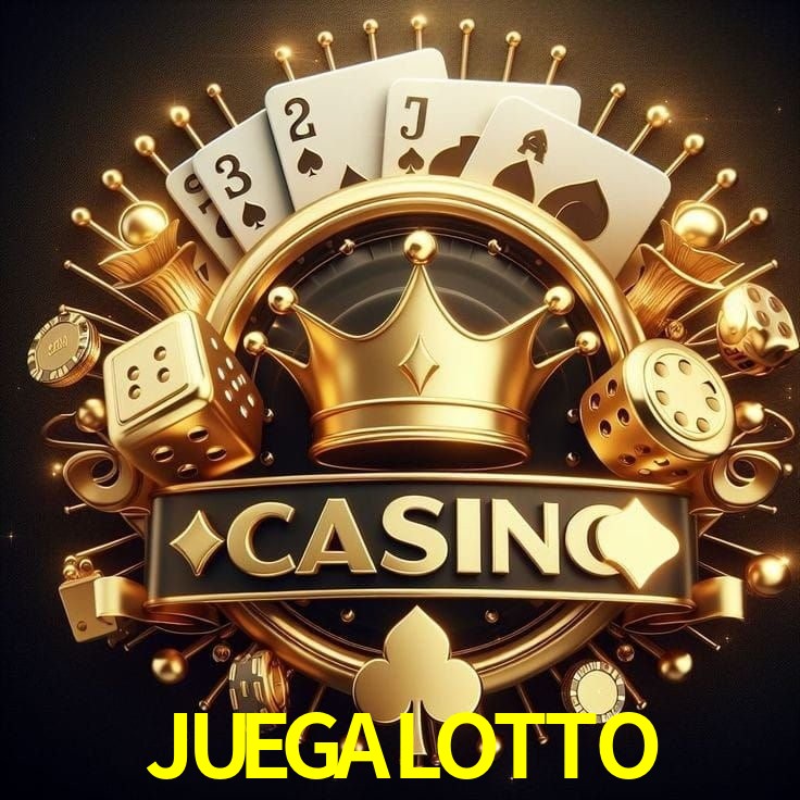 Escena dinámica inspirada en casino con iluminación JUEGALOTTO, cartas, fichas e íconos de juegos digitales en un espacio moderno de juegos.